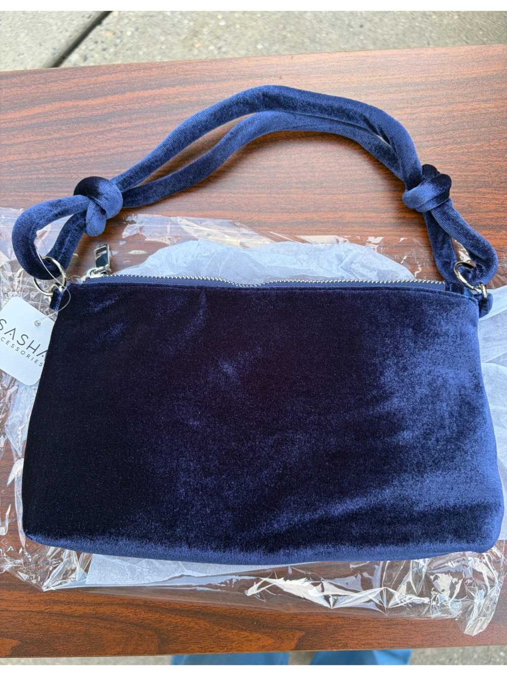 Sasha Accessories Navy Blue Velvet Knot Handle Shoulder Clutch Bag NWT